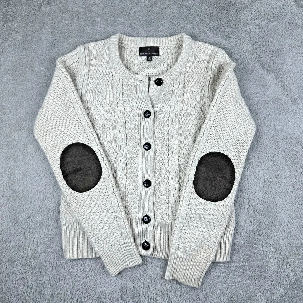 Fenn Wright Manson Cable Knit Cardigan Women's M‎ Ivory Wool Blend Elbow Patches